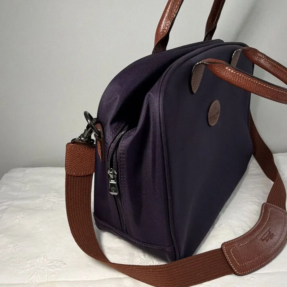 Longchamp Le Pliage Purple Nylon Briefcase Brown Leather Trim Shoulder Strap